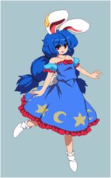  animal_ears blue_dress blue_hair crescent dress ear_clip long_hair lowres moon_rabbit rabbit_ears red_eyes seiran_(touhou) star takorin touhou 