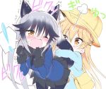 ! 2girls animal_ears bag black_gloves black_legwear black_neckwear black_shirt black_skirt blazer blonde_hair blue_jacket blue_shirt blush bow bowtie brown_eyes clenched_hands commentary_request ezo_red_fox_(kemono_friends) fox_ears fox_tail gloves hat hug hug_from_behind jacket kemono_friends kindergarten_uniform leaning_forward long_hair moaning multiple_girls necktie one_eye_closed open_mouth pantyhose pleated_skirt school_hat shirt silver_fox_(kemono_friends) silver_hair simple_background skirt spoken_exclamation_mark surprised tail tail_hug takahashi_tetsuya upper_body white_background wince yellow_hat 