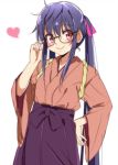  1girl adjusting_eyewear bespectacled blush commentary_request ebisuzawa_kurumi gakkou_gurashi! glasses hair_ornament heart highres japanese_clothes kimono long_hair looking_at_viewer purple_hair red_eyes shinakyo0918 simple_background smile solo twintails white_background yukata 