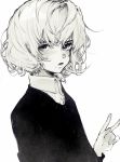  1girl bangs commentary daruma_owl freckles greyscale hair_between_eyes hand_up highres looking_at_viewer monochrome original shirt_under_sweater simple_background solo symbol_commentary v white_background wing_collar 