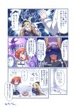  2girls abigail_williams_(fate/grand_order) angry bangs basket belt blonde_hair blue_eyes bow chaldea_uniform closed_eyes comic commentary_request cookie cup dress eating fate/grand_order fate_(series) food fujimaru_ritsuka_(female) glowing glowing_eyes hair_between_eyes hair_bow hidden_eyes hole_in_head keyhole kneeling long_hair long_sleeves multiple_belts multiple_girls open_mouth orange_eyes orange_hair pantyhose parted_bangs pleated_skirt shaded_face side_ponytail sidelocks skirt stuffed_animal stuffed_toy surprised sweatdrop teacup teapot teddy_bear tomoyohi translation_request wide_sleeves 