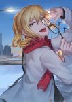  :d absurdres black-framed_eyewear blonde_hair blue_sky cityscape day eyewear_removed green_eyes hand_up highres kanjou_jouki lamppost long_hair looking_at_viewer open_mouth original outdoors ponytail pose red_scarf scarf sidelocks sky smile snow standing tongue tongue_out white_coat 