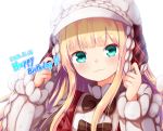  1girl :3 aran_sweater baram blonde_hair blush bow brown_bow closed_mouth commentary_request dated green_eyes hands_up happy_birthday hat head_tilt long_hair long_sleeves looking_at_viewer mononobe_alice nijisanji plaid puffy_long_sleeves puffy_sleeves simple_background sleeves_past_wrists smile solo sweater upper_body virtual_youtuber white_background white_hat white_sweater 