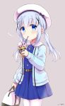  1girl arm_at_side bag bangs belt belt_buckle beret blue_dress blue_eyes blue_hair blue_jacket blush buckle buttons collared_dress commentary_request cowboy_shot cup disposable_cup dress drink drinking drinking_straw eyebrows_visible_through_hair gochuumon_wa_usagi_desu_ka? grey_background hair_ornament hairclip handbag hat highres himarisu_(hida_mari) holding holding_bag holding_cup jacket kafuu_chino logo long_hair long_sleeves looking_at_viewer low_twintails open_clothes open_jacket sidelocks signature simple_background solo thigh-highs twintails whipped_cream white_hat white_legwear x_hair_ornament 