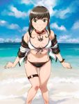  1girl alternate_costume beach bikini black_hair blue_sky blush breasts closed_mouth clouds destroyer fubuki_(kantai_collection) gluteal_fold green_eyes kantai_collection looking_at_viewer military military_vehicle ocean ponytail sameha_ikuya ship sidelocks sky small_breasts smile solo swimsuit warship watercraft 