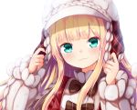  1girl :3 aran_sweater baram blonde_hair blush bow brown_bow closed_mouth green_eyes hands_up hat head_tilt long_hair long_sleeves looking_at_viewer mononobe_alice nijisanji plaid puffy_long_sleeves puffy_sleeves simple_background sleeves_past_wrists smile solo sweater upper_body virtual_youtuber white_background white_hat white_sweater 