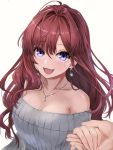  1girl :3 :d bangs bare_shoulders breasts brown_hair cleavage commentary earrings eyebrows_visible_through_hair flower_earrings grey_sweater hair_between_eyes hair_intakes holding_hand ichinose_shiki idolmaster idolmaster_cinderella_girls jewelry lamp_p9 large_breasts long_hair looking_at_viewer necklace off-shoulder_sweater off_shoulder open_mouth pendant pov pov_hands ribbed_sweater simple_background smile solo sweater upper_body violet_eyes wavy_hair white_background 