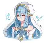  1girl aqua_(fire_emblem_if) aqua_hair bug butterfly fire_emblem fire_emblem_heroes fire_emblem_if highres insect jewelry long_hair necklace nintendo pendant sidelocks simple_background solo twitter_username veil white_background yellow_eyes younger zedoraart 