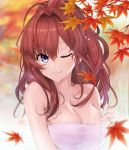  1girl :3 ahoge alternate_hairstyle autumn autumn_leaves bangs bare_shoulders breasts brown_hair cleavage commentary eyebrows_visible_through_hair hair_intakes hair_up hand_on_breast ichinose_shiki idolmaster idolmaster_cinderella_girls lamp_p9 large_breasts lips long_hair looking_to_the_side one_eye_closed onsen outdoors ponytail solo towel upper_body violet_eyes wet 