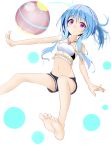  1girl absurdres ball barefoot beachball blush breasts feet highres looking_at_viewer mau_suika navel outstretched_hand reve_(sennen_sensou_aigis) sennen_sensou_aigis short_hair_with_long_locks simple_background small_breasts soles solo toes violet_eyes white_background 