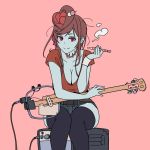  alternate_costume amplifier banjo blue_skin breasts casual cleavage hair_ornament half-closed_eyes holding holding_pipe instrument large_breasts onsen_tamago_(hs_egg) pink_background pipe red_eyes red_shirt shirt short_sleeves simple_background sitting smoking stitches thigh-highs yuugiri_(zombieland_saga) zombie zombieland_saga 