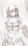  1girl absurdres archvermin breasts cleavage copyright_request crying dress flower highres long_hair makeup mascara monochrome rain solo third-party_source 