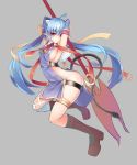  arms_up axe blue_hair bow breasts brown_footwear elbow_gloves epic7 full_body gloves grey_background hair_bow highres holding holding_axe long_hair looking_at_viewer medium_breasts pigat pointy_ears red_eyes sideboob simple_background single_thighhigh thigh-highs very_long_hair white_legwear yellow_bow 