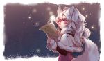  1girl :&lt; animal_ears blush capelet coat from_side fur_trim holding_map long_sleeves looking_up map mesme night original pink_eyes snowing solo tail upper_body white_capelet white_hair winter_clothes winter_coat wolf_ears wolf_tail 