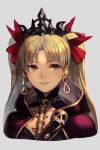  1girl bangs blonde_hair bow cape collarbone detached_collar earrings ereshkigal_(fate/grand_order) fate/grand_order fate_(series) gold_trim hankuri hoop_earrings infinity jewelry lips necklace red_bow red_cape red_ribbon ribbon simple_background skull solo tiara twintails upper_body violet_eyes 