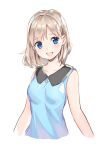  1girl blue_eyes blue_shirt collarbone cropped_arms cropped_torso earrings eyes jewelry long_hair looking_at_viewer original shiny shiny_hair shirt silver_hair simple_background sleeveless sleeveless_shirt solo upper_body weee_(raemz) white_background 