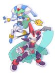  1boy 1girl android energy_blade full_body gloves grin helmet highres holding holding_scythe holding_staff holding_weapon knees_together_feet_apart omeehayo outstretched_arm pandora_(rockman) power_armor prometheus red_eyes rockman rockman_zx scythe simple_background smile staff weapon white_background white_gloves 