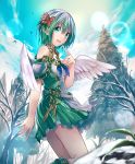  1girl :d angel_wings aqua_eyes artist_request bare_tree belt boots clouds cloudy_sky cygames eyebrows_visible_through_hair flower gold_trim green_hair green_skirt hair_flower hair_ornament lens_flare looking_at_viewer miriam_(shadowverse) open_mouth pointy_ears ribbon shadowverse short_hair skirt sky smile snow spruce tree wings 
