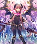  1girl :d artist_request bare_shoulders cygames demon_girl demon_horns demon_wings eyebrows_visible_through_hair fang gold_trim holding holding_weapon horns looking_at_viewer miriam_(shadowverse) open_mouth pointy_ears polearm red_eyes redhead shadowverse short_hair smile weapon wings 