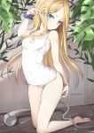  1girl abigail_williams_(fate/grand_order) absurdres bangs bare_arms bare_legs bare_shoulders barefoot blonde_hair blue_eyes blush closed_mouth collarbone fate/grand_order fate_(series) forehead head_tilt highres long_hair looking_at_viewer old_school_swimsuit one-piece_swimsuit parted_bangs polka_dot polka_dot_scrunchie purple_scrunchie school_swimsuit scrunchie shower_head soles solo swimsuit twitter_username tyone very_long_hair white_swimsuit wrist_scrunchie 