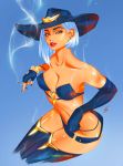  1girl adapted_costume arm_tattoo ashe_(overwatch) asymmetrical_hair bare_shoulders belt bikini black_nails blue_background blue_bikini blue_gloves blue_legwear bracelet breasts cigarette cleavage collarbone commentary cowboy_hat earrings english_commentary error eyelashes gloves hat invisible_chair jewelry legs_together lipstick looking_at_viewer loose_belt makeup medium_breasts mismatched_gloves mole_above_mouth nail_polish overwatch red_eyes red_lipstick short_hair sitting smoking solo stud_earrings swimsuit taiss14 tattoo thick_eyebrows thigh-highs white_hair 