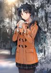  1girl black_hair black_legwear blush breath coat crown cup fate/grand_order fate_(series) forest ice_(ice_aptx) ishtar_(fate/grand_order) long_hair looking_at_viewer nature outdoors pantyhose pleated_skirt red_eyes skirt snow solo winter_clothes winter_coat 
