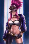  1girl akali artist_name asymmetrical_clothes asymmetrical_legwear bandeau baseball_cap belt blue_eyes breasts choker cleavage closed_mouth cropped_jacket dandon_fuga fingerless_gloves gloves hat highres idol jacket jewelry k/da_(league_of_legends) k/da_akali large_breasts league_of_legends legs_apart lips looking_at_viewer makeup midriff nail_polish navel necklace off_shoulder open_clothes open_jacket ponytail purple_hair short_hair_with_long_locks single_pantsleg single_thighhigh solo strapless thigh-highs 