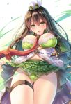  1girl bangs blush bra breasts breasts_outside brown_hair character_request commentary_request eyebrows_visible_through_hair from_below gem green_bra green_eyes green_panties hair_between_eyes hair_tubes hat head_tilt large_breasts light_particles long_hair looking_at_viewer looking_down makirin medium_skirt navel necktie open_mouth panties plaid plaid_skirt pleated_skirt red_neckwear shiny shiny_hair sidelocks skirt skirt_lift solo standing thigh_gap thigh_strap thighs underwear white_hat wind 