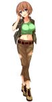  1girl :d belt blue_eyes breasts brown_footwear brown_jacket brown_pants full_body green_shirt hand_up jacket jessie_garland large_breasts looking_at_viewer midriff navel official_art open_mouth pants patriarch_xtasy shirt short_hair smile solo standing torn_clothes torn_pants transparent_background 