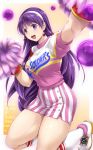  1girl :d arm_up asamiya_athena bangs breasts cheerleader clothes_writing earrings eyebrows_visible_through_hair gloves hairband jewelry kneehighs kneeling large_breasts long_hair looking_at_viewer miniskirt open_mouth pom_poms puffy_short_sleeves puffy_sleeves purple_hair purple_shirt red_gloves shirt shoes short_sleeves skirt smile sneakers solo striped the_king_of_fighters thighs vertical-striped_skirt vertical_stripes very_long_hair violet_eyes white_hairband yukitaka 