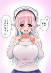  1girl aqua_hair blush breasts headphones highres implied_pregnancy large_breasts long_hair looking_at_viewer momoko_amatsuka multicolored_hair nitroplus open_mouth pink_eyes pink_hair pregnancy_test smile solo super_sonico translated two-tone_hair virtual_youtuber 
