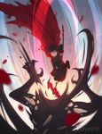  1girl attack battle black_dress black_hair black_legwear cape crescent_rose dress frilled_dress frills grey_eyes grimm holding holding_weapon koyorin monster petals red_cape rose_petals ruby_rose rwby scythe short_hair weapon 