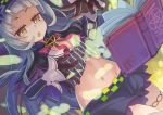  1girl book capelet commentary_request crop_top dutch_angle gloves hololive long_hair looking_at_viewer midriff murasaki_shion navel open_mouth silver_hair solo tottori yellow_eyes 