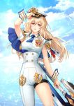  adjusting_clothes adjusting_hat asymmetrical_clothes blonde_hair blue_sky breasts capelet clouds day hat highres holding holding_weapon i-sol-e long_hair medal medium_breasts military military_uniform red_eyes seven_knights single_pantsleg sky standing uniform very_long_hair water weapon wrist_cuffs 