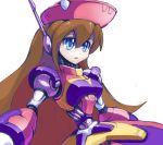  1girl alternate_design beret blue_eyes breasts brown_hair hair_between_eyes hat humanoid_robot iris_(rockman_x) long_hair robot_ears rockman rockman_x simple_background solo upper_body white_background yuusuke_(5yusuke3) 