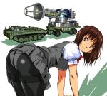  1girl all_fours ass bangs black_legwear brown_eyes brown_hair closed_mouth commentary_request crotch_seam eyebrows_visible_through_hair grey_skirt grey_vest ground_vehicle looking_at_viewer military military_vehicle motor_vehicle original panties panties_under_pantyhose pantyhose pleated_skirt red_neckwear school_uniform shirt short_hair short_sleeves skirt super-x tank thighband_pantyhose underwear uniform vest white_shirt yuya 