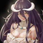  1girl albedo ayu_(p1314_win) bangs bare_shoulders beckoning black_background black_hair breasts cleavage collarbone demon_girl demon_horns detached_collar dress dress_pull elbow_gloves eyebrows_visible_through_hair eyes_visible_through_hair gloves hair_between_eyes highres horns invitation large_breasts looking_at_viewer no_bra overlord_(maruyama) simple_background slit_pupils solo tongue tongue_out white_dress white_gloves white_horns yellow_eyes 