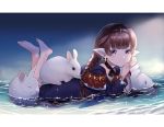  1girl absurdres bangs braided_ponytail brown_hair capelet choker cloak earrings eyebrows_visible_through_hair granblue_fantasy grey_eyes harvin headband highres jewelry long_sleeves looking_at_viewer lying moon_(granblue_fantasy) myusha on_stomach partially_submerged pointy_ears rabbit ribbon_choker short_hair solo sparkle water 