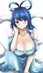  1girl absurdres bare_shoulders blue_dress blue_eyes blue_hair blush breasts cleavage collarbone commentary_request cowboy_shot dated detached_sleeves dress eyebrows_visible_through_hair hair_ornament hair_rings hair_stick hand_in_hair hanging_breasts highres hisin kaku_seiga large_breasts leaning_forward open_mouth puffy_short_sleeves puffy_sleeves shawl short_sleeves signature simple_background solo touhou white_background 