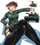  1girl absurdres aircraft arm_up black_legwear black_neckwear blue_eyes brown_hair commentary_request double-breasted green_jacket green_skirt ground_vehicle hand_on_hip hat heart helicopter highres jacket long_hair long_sleeves looking_at_viewer military military_hat military_uniform military_vehicle motor_vehicle necktie open_mouth original shirt simple_background sitting skirt solo tank thigh-highs uniform white_shirt yuya 
