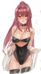  1girl bare_shoulders bikini black_bikini blush breasts cleavage clenched_teeth covered_navel girls_frontline highres large_breasts long_hair looking_at_viewer purple_hair red_eyes simple_background sketch solo suisogenshi sweatdrop swimsuit teeth very_long_hair wa2000_(girls_frontline) white_background 