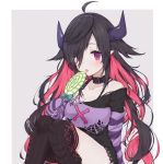  1girl ahoge artist_request asymmetrical_clothes bare_shoulders black_hair blush candy character_request cleavage collar collarbone copyright_request gloves gothic hair_over_one_eye horns knees_together knees_up lollipop long_hair multicolored_hair off_shoulder pink_eyes pink_hair pointy_ears sitting sleeves_past_wrists solo source_request tareme thigh-highs tongue torn_shirt two-tone_hair 