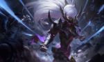  1girl alternate_costume armor blue_eyes breastplate clenched_hands commentary covered_mouth english_commentary face_mask gauntlets greaves hair_over_one_eye highres irelia kilart large_hat league_of_legends long_hair mask nightblade_irelia official_art pauldrons solo spikes white_hair 