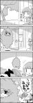  4koma bow braid brushing comic commentary_request daiyousei door doorway emphasis_lines eyebrows_visible_through_hair fairy fairy_wings floating flying from_behind greyscale hair_bow hair_brush hair_ribbon hat highres kaenbyou_rin leaf letty_whiterock long_sleeves monochrome motion_lines open_door open_window pointy_ears ribbon scarf side_ponytail sidelocks skirt skirt_set smile surprised sweatdrop tani_takeshi touhou translation_request twin_braids window wings yukkuri_shiteitte_ne |_| 