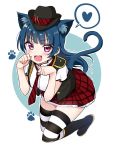  1girl :d animal_ear_fluff animal_ears bangs black_footwear black_hat black_vest blue_background blue_hair blush boots breasts cat_ears cat_girl cat_tail deadnooodles diagonal-striped_neckwear diagonal_stripes eyebrows_visible_through_hair fang full_body hands_up hat heart highres kemonomimi_mode knee_boots long_hair looking_at_viewer love_live! love_live!_sunshine!! medium_breasts mini_hat necktie open_mouth outline paw_pose pleated_skirt red_neckwear red_skirt shirt skirt smile solo spoken_heart striped striped_legwear striped_neckwear tail thigh-highs thighhighs_under_boots tsushima_yoshiko two-tone_background v-shaped_eyebrows very_long_hair vest violet_eyes white_background white_outline white_shirt 