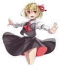  1girl absurdres black_skirt blonde_hair bow cropped_legs fang hair_bow highres kani_nyan looking_at_viewer open_mouth outstretched_arms red_bow red_eyes red_neckwear rumia short_hair simple_background skirt smile solo touhou vest white_background 
