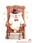  arm_support armchair artist_name bear black_eyes black_hat blush bow bowtie cane chair hat hat_ribbon legs_crossed looking_at_viewer no_humans original polar_bear red_bow red_neckwear red_ribbon ribbon sitting sparkle st.kuma top_hat traditional_media twitter_username watercolor_(medium) 