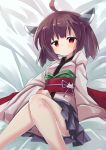  1girl ahoge bangs bed_sheet blush brown_hair closed_mouth commentary_request eyebrows_visible_through_hair headgear highres japanese_clothes kimono knees_up long_sleeves looking_at_viewer lying obi on_back pleated_skirt purple_skirt red_eyes ryogo sash short_kimono skirt solo sweat touhoku_kiritan voiceroid white_kimono wide_sleeves 