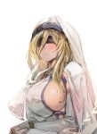  1girl bangs blindfold blonde_hair blush bow_(bhp) breasts bridal_gauntlets cape closed_mouth commentary_request crossed_arms detached_sleeves dress erect_nipples goblin_slayer! hair_between_eyes jewelry large_breasts long_hair necklace sideboob solo sword_maiden very_long_hair white_dress 