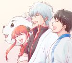  1girl 2boys black_hair brown_hair dog double_bun floating_hair gintama glasses japanese_clothes kagura_(gintama) kimono laughing locked_arms long_hair multiple_boys negimisosiru0127 open_mouth sadaharu sakata_gintoki shimura_shinpachi silver_hair simple_background sleeveless smile standing twintails upper_body white_background white_kimono 